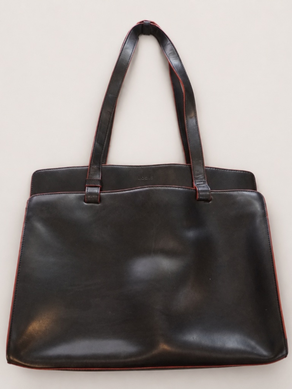 Lodis Black Leather Work Tote Bag Red Trim Shoulder Bag 14x12